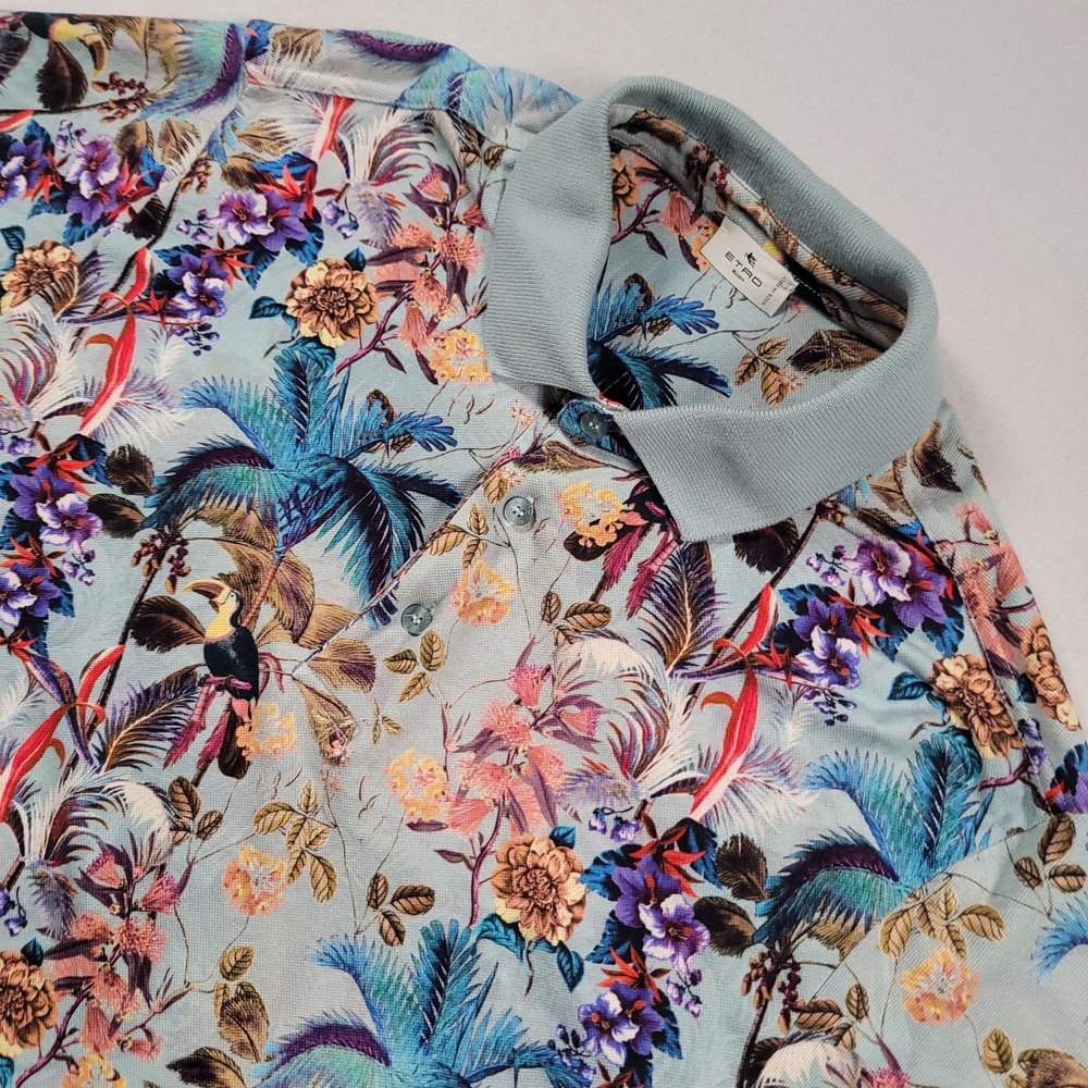 Etro Milano Tropical Toucan Polo‎ Shirt Mens XXL Blue Jungle Print Cotton Italy